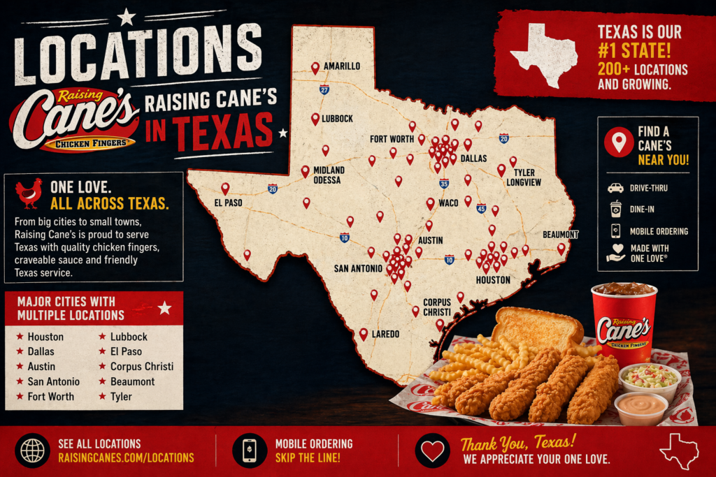Locations Raising Cane has in Texas.