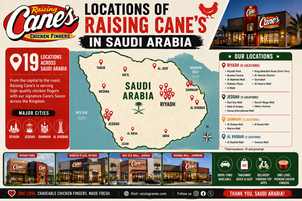 Locations of Raising Cane in Saudi Arabia.